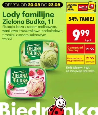 Lody familijne Zielona Budka waniliowo-truskawkowo-czekoladowe promocja w Biedronka