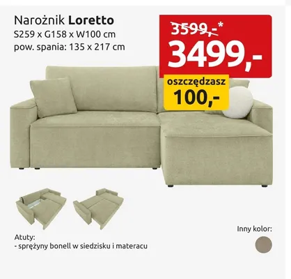 Narożnik Loretto S259xG158xW100cm pow. spania: 135x217cm promocja w Black Red White