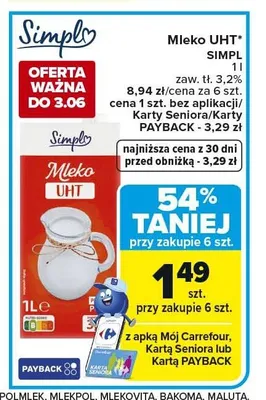 Mleko UHT SIMPL zaw. tł. 3,2% promocja w Carrefour Market