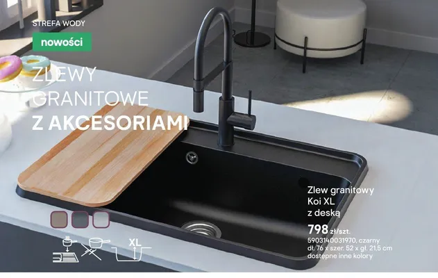 Zlew granitowy Koi XL z deską czarny dł. 76 x szer. 52 x gł. 21,5cm promocja w Castorama