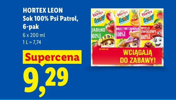 Sok jabłko 100% Psi Patrol Hortex Leon 6-pak promocja w Lidl