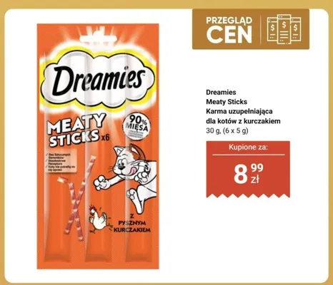 Karma dla kotów uzupełniająca Dreamies Meaty Sticks z kurczakiem 6-pak 5 g promocja w Biedronka