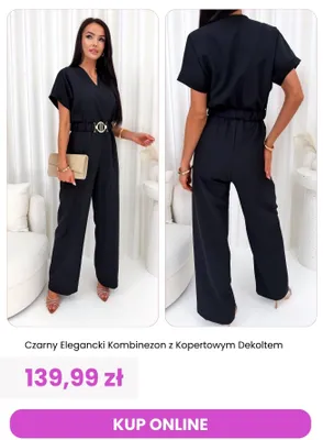 Kombinezon damski czarny elegancki z kopertowym dekoltem ModnaKiecka.pl promocja w Modna Kiecka