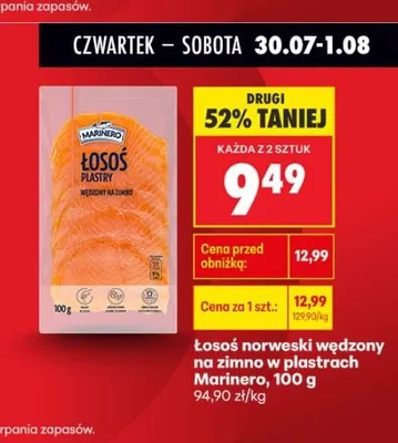 Łosoś norweski wędzony na zimno w plastrach Marinero promocja w Biedronka