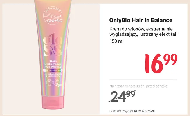 Krem do włosów OnlyBio Hair In Balance ekstremalnie wygładzający promocja w Rossmann