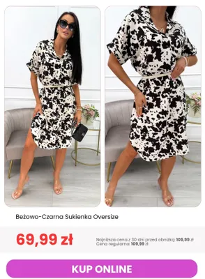 Sukienka damska oversize beżowo-czarna ModnaKiecka.pl promocja w Modna Kiecka