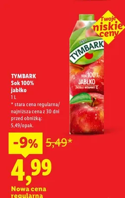 Sok jabłko Tymbark 100% promocja w Lidl