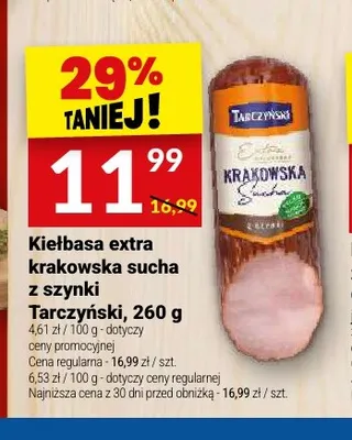 Kiełbasa extra krakowska sucha z szynki Tarczyński promocja w Twój Market