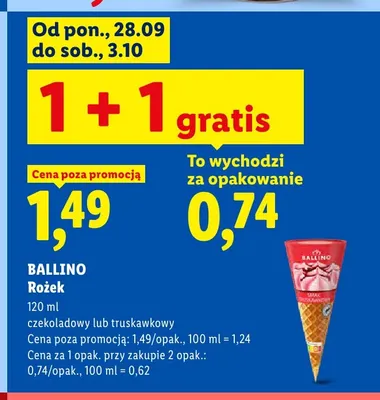 Lody rożek truskawkowy Ballino promocja w Lidl