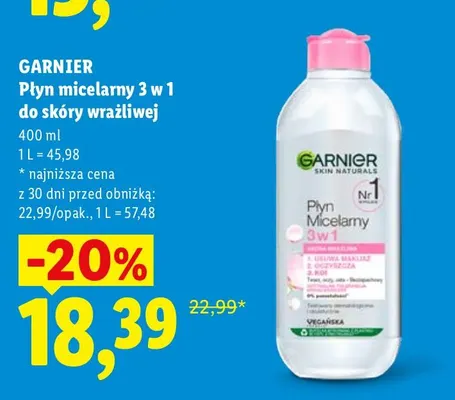 Płyn micelarny 3 w 1 do skóry wrażliwej Garnier promocja w Lidl