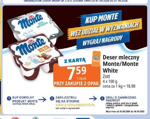 Deser mleczny Monte White Zott 4-pak promocja w Leclerc