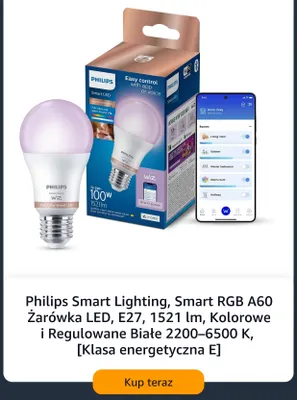 Żarówka LED Philips Smart Lighting Smart RGB A60 E27 1521lm kolorowe i regulowane białe 2200-6500K promocja w Amazon