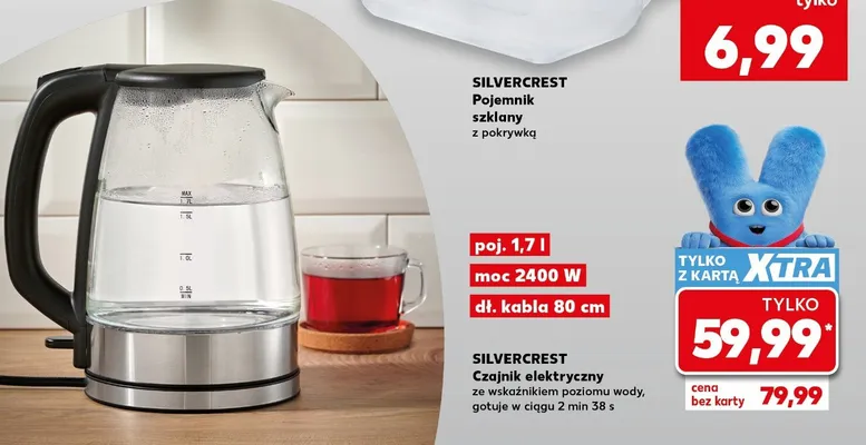 Czajnik elektryczny SilverCrest ze wskaźnikiem poziomu wody gotuje w ciągu 2 min 38 s 2400W promocja w Kaufland