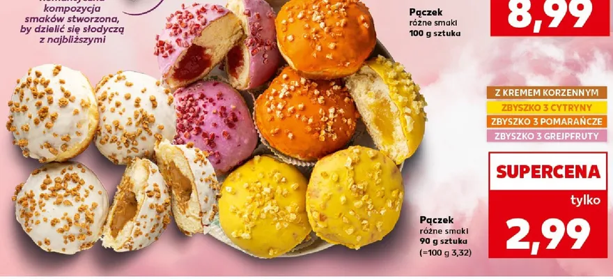 Pączek różne smaki z kremem korzennym, zbyszko z cytryną, zbyszko z pomarańczą, zbyszko z grejpfruty promocja w Kaufland