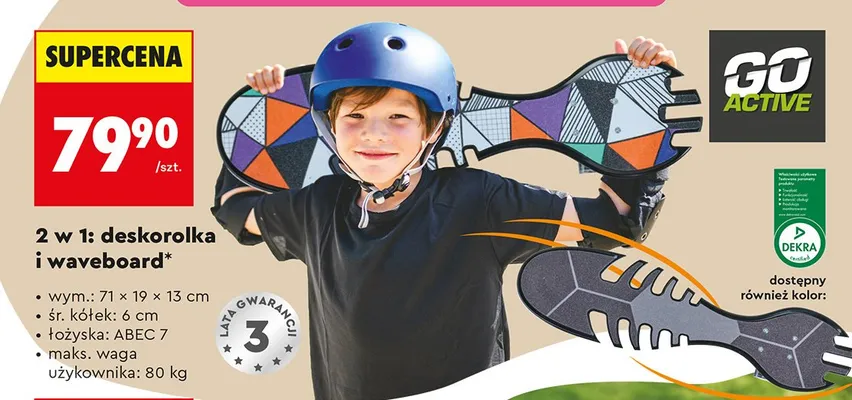 2 w 1: deskorolka i waveboard GO ACTIVE wym.: 71x19x13cm śr. kółek: 6cm łożyska: ABEC 7 maks. waga użytkownika: 80kg promocja w Biedronka