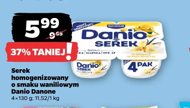 Serek homogenizowany o smaku waniliowym Danio Danone 4-pak promocja w Netto