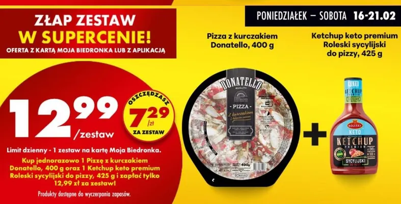 Pizza z kurczakiem i ketchup keto premium Roleski sycylijski do pizzy, zestaw promocja w Biedronka