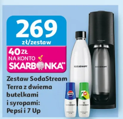 Zestaw SodaStream Terra z dwiema butelkami i syropami Pepsi i 7 Up promocja w Auchan