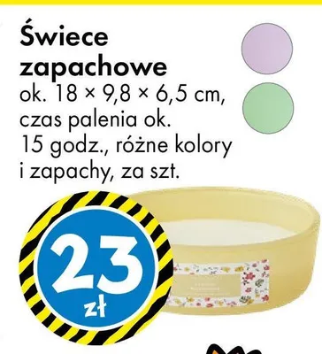 Świece zapachowe ok. 18 × 9,8 × 6,5 cm, czas palenia ok. 15 godz., różne kolory i zapachy promocja w Tedi