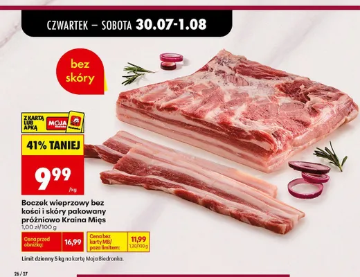Boczek wieprzowy bez kości i skóry pakowany próżniowo Kraina Mięs promocja w Biedronka