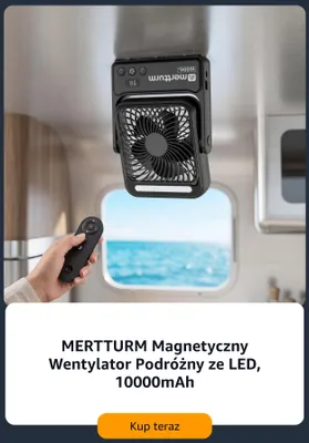 Wentylator podróżny magnetyczny MERTTURM ze LED 10000mAh promocja w Amazon