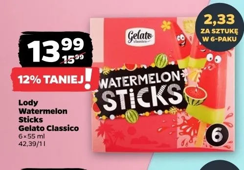Lody Watermelon Sticks Gelato Classico promocja w Netto