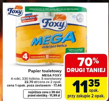 Papier toaletowy Mega Foxy 4 rolki 3-warstwowy promocja w Carrefour
