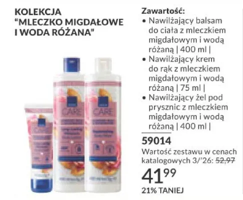 Kolekcja "mleczko migdałowe i woda różana" - nawilżający balsam do ciała, nawilżający krem do rąk, nawilżający żel pod prysznic promocja w AVON