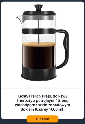 Kichly French Press do kawy i herbaty z potrójnym filtrem żaroodporne szkło ze stalowym tłokiem czarny 1000 ml promocja w Amazon