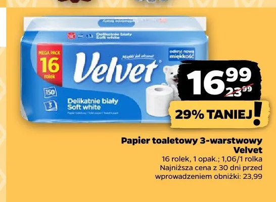 Papier toaletowy 3-warstwowy Velvet Delikatnie biały Soft white promocja w Netto