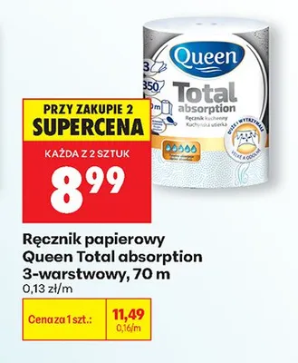 Ręcznik papierowy Queen Total absorption 3-warstwowy 70m promocja w Biedronka