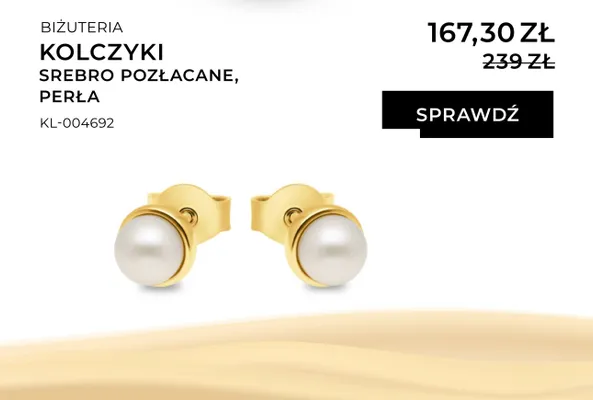 Kolczyki srebro pozłacane, perła promocja w Briju