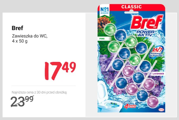 Zawieszka do WC Bref Power Aktiv 4-pak 50 g promocja w Rossmann
