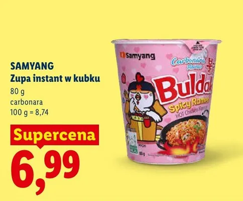 Zupa instant w kubku carbonara Samyang Buldak promocja w Lidl