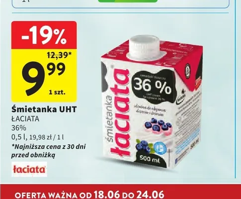 Śmietanka UHT Łaciata 36% promocja w Intermarche