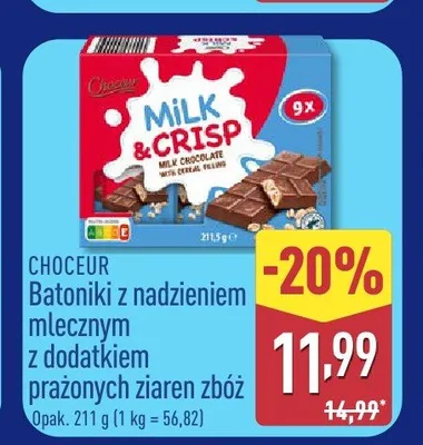 Batoniki z nadzieniem mlecznym z dodatkiem prażonych ziaren zbóż Choceur Milk & Crisp promocja w Aldi