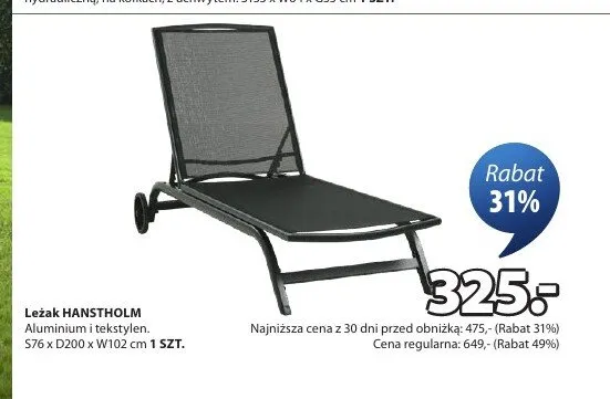Leżak HANSTHOLM Aluminium i tekstylen S76xD200xW102cm promocja w Jysk