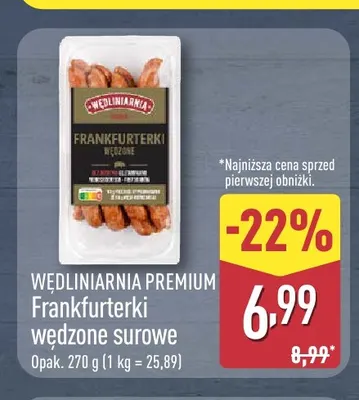 Frankfurterki wędzone surowe Wędliniarnia Premium promocja w Aldi