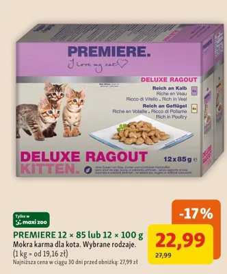 Mokra karma dla kota Premiere Deluxe Ragout Kitten 12-pak 85 g promocja w MAXI ZOO