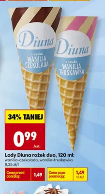 Lody Diuna rożek duo wanilia-truskawka promocja w Biedronka