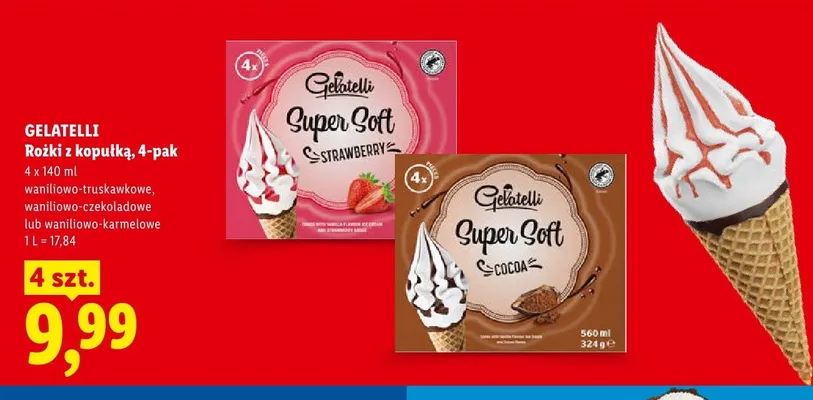 Rożki z kopułką Gelatelli waniliowo-karmelowe 4-pak 140ml promocja w Lidl