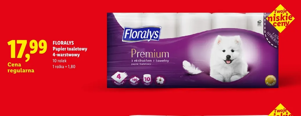 Papier toaletowy 4-warstwowy Floralys Premium z ekstraktem z bawełny 10-pak promocja w Lidl