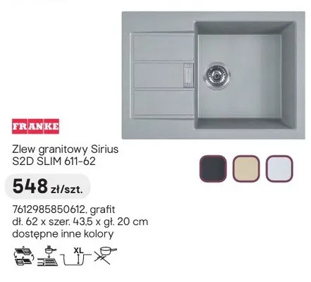 Zlew granitowy Franke Sirius S2D SLIM 611-62 grafit 62x43,5x20cm promocja w Castorama