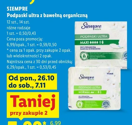 Podpaski ultra z bawełną organiczną Siempre Maxi promocja w Lidl