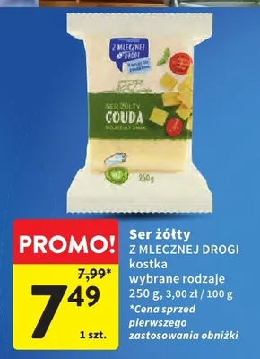 Ser żółty Gouda w kostce Z Mlecznej Drogi promocja w Intermarche