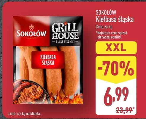 Kiełbasa śląska Sokołów Grill House XXL promocja w Aldi