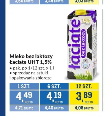 Mleko bez laktozy Łaciate UHT 1,5% promocja w Makro
