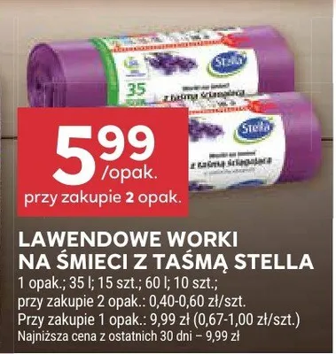 Lawendowe worki na śmieci z taśmą Stella 60l promocja w Stokrotka