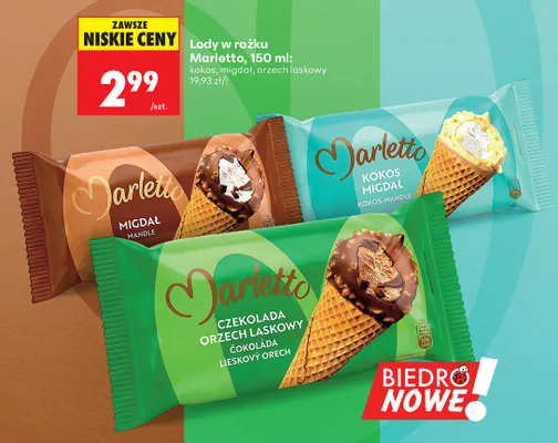 Lody w rożku Marletto orzech laskowy promocja w Biedronka