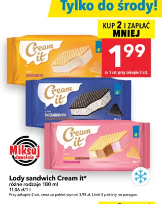 Lody sandwich o smaku śmietankowym z kawałkami czekolady mlecznej Cream It promocja w LEWIATAN